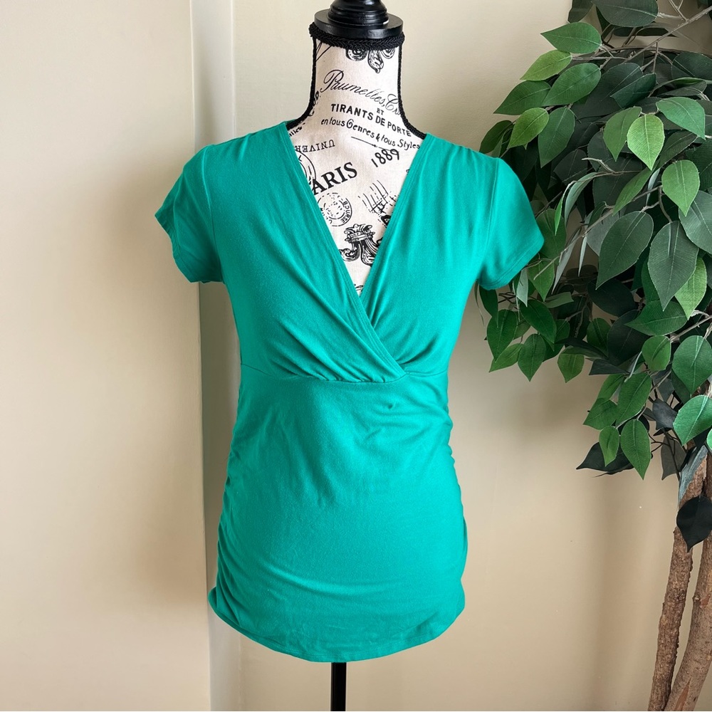 Mimi Maternity V-Neck Surplice Short Sleeve Top Green Sz S